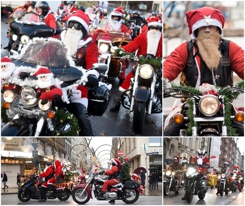 <strong>루돌프 대신 오토바이 탄 산타들</strong> (DPA=연합뉴스)<br>
12월 9일 함부르크에서 50여명의 산타클로스 복장 오토바이 애호가들이 어린이 병원 기부를 홍보하기 위한 '산타클로스 투어'를 하고 있다.