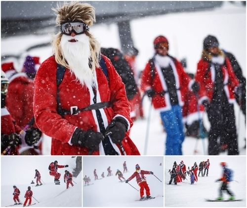 <strong>설산에서 스키 타는 산타들</strong> (EPA=연합뉴스)<br>
12월 8일 스위스 베르비에 알파인 스키 리조트에서 산타클로스 복장의 시민들이 스키를 즐기고 있다. 이날 스키 시즌 개장 프로모션 행사로 산타클로스와 성 니콜라스 복장을 한 3,015명의 스키어와 스노우 보더들이 티켓 값을 할인받았다.